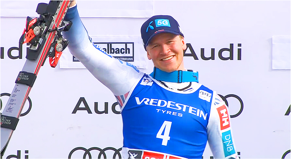 Timon Haugan feiert seinen ersten Weltcupsieg beim Slalom-Weltcup-Finale in Saalbach