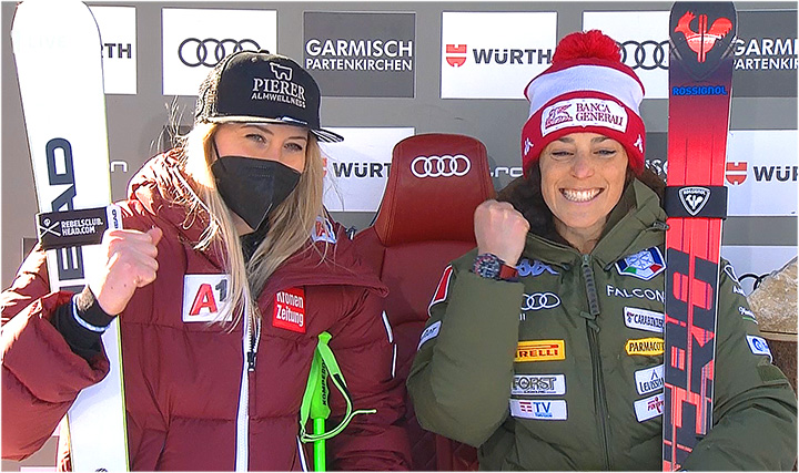 Cornelia Hütter und Federica Brignone teilen sich Super-G Sieg in Garmisch
