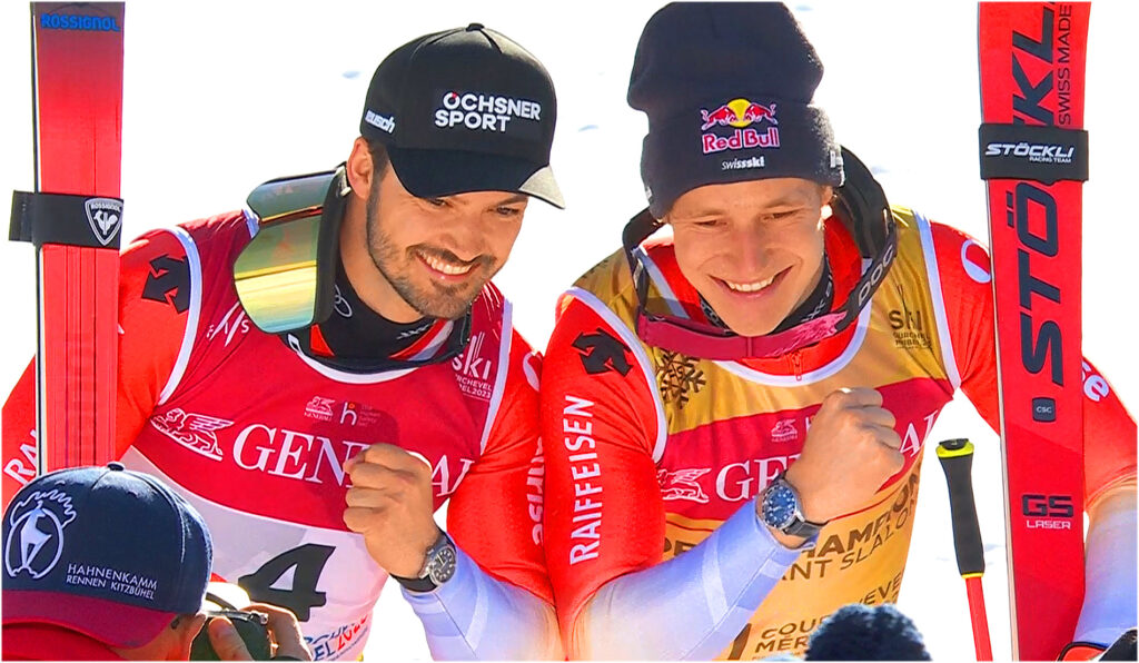 Loïc Meillard (Silber Riesenslalom) und Marco Odermatt (Gold Abfahrt, Gold Riesenslalom)