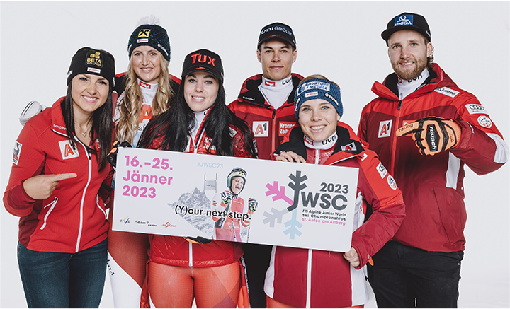 Sechs ehemalige Junioren-Weltmeister:innen auf einem Bild: (v.l.) Stephanie Venier, Nina Ortlieb, Stephanie Brunner, Lukas Feurstein, Nicole Schmidhofer und Marco Schwarz (Foto: ÖSV)