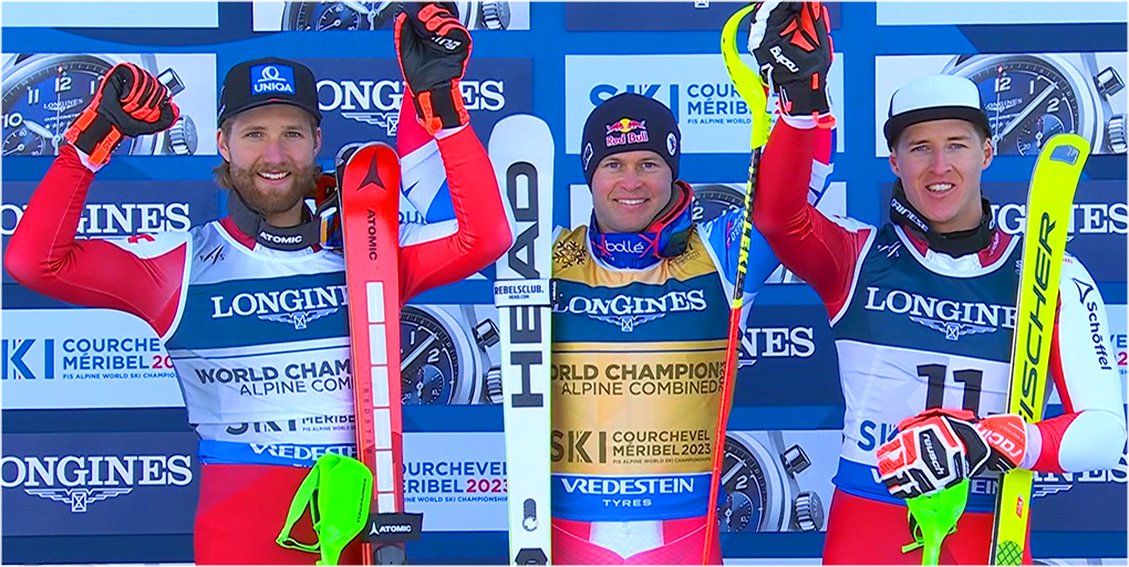 Alpine Kombination - Ski WM 2023: Marco Schwarz (Silber), Alexis Pinturault (Gold) und Raphael Haaser (Bronze)