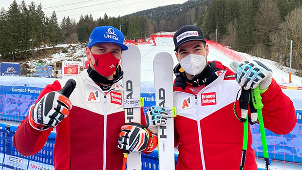 ÖSV News: Vincent Kriechmayr und Matthias Mayer feiern Doppelsieg beim Super-G in Garmisch. (Foto: © Markus Aichner / ÖSV)