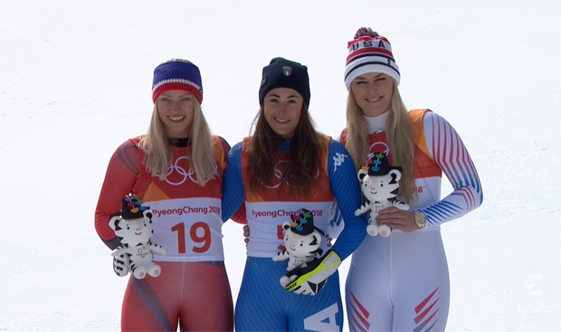 Ragnhild Mowinckel, Olympiasiegerin Sofia Goggia und Lindsey Vonn