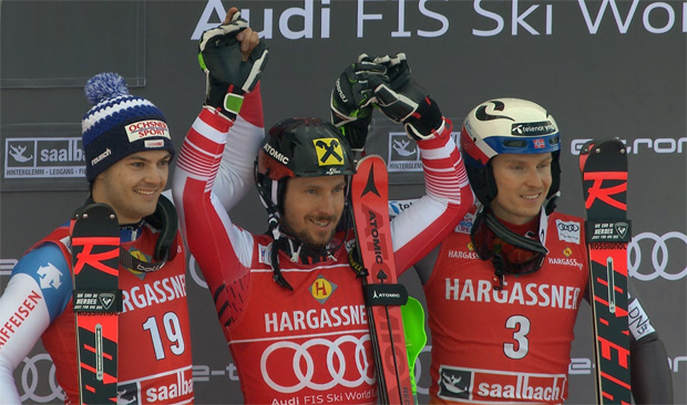 Marcel Hirscher setzte sich im Slalom vor Loic Meillard (SUI) und Henrik Kristoffersen (NOR) durch.