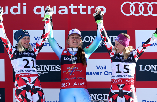Das Podest bei der WM Alpinen Kombination 2015: Nicole Hosp, Tina Maze, Michael Kirchgasser
